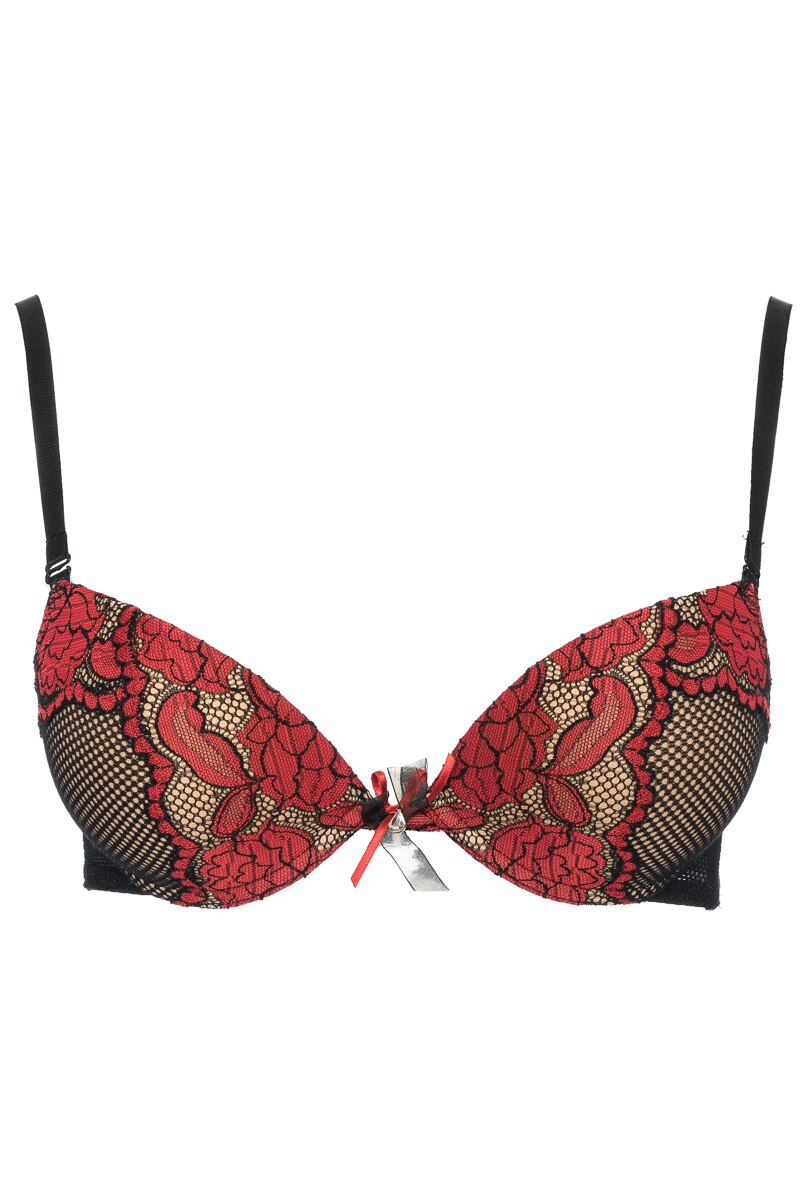 Sutien din plasa cu dantela, Push-up cu gel, Intimamoda 5486, Negru/Rosu