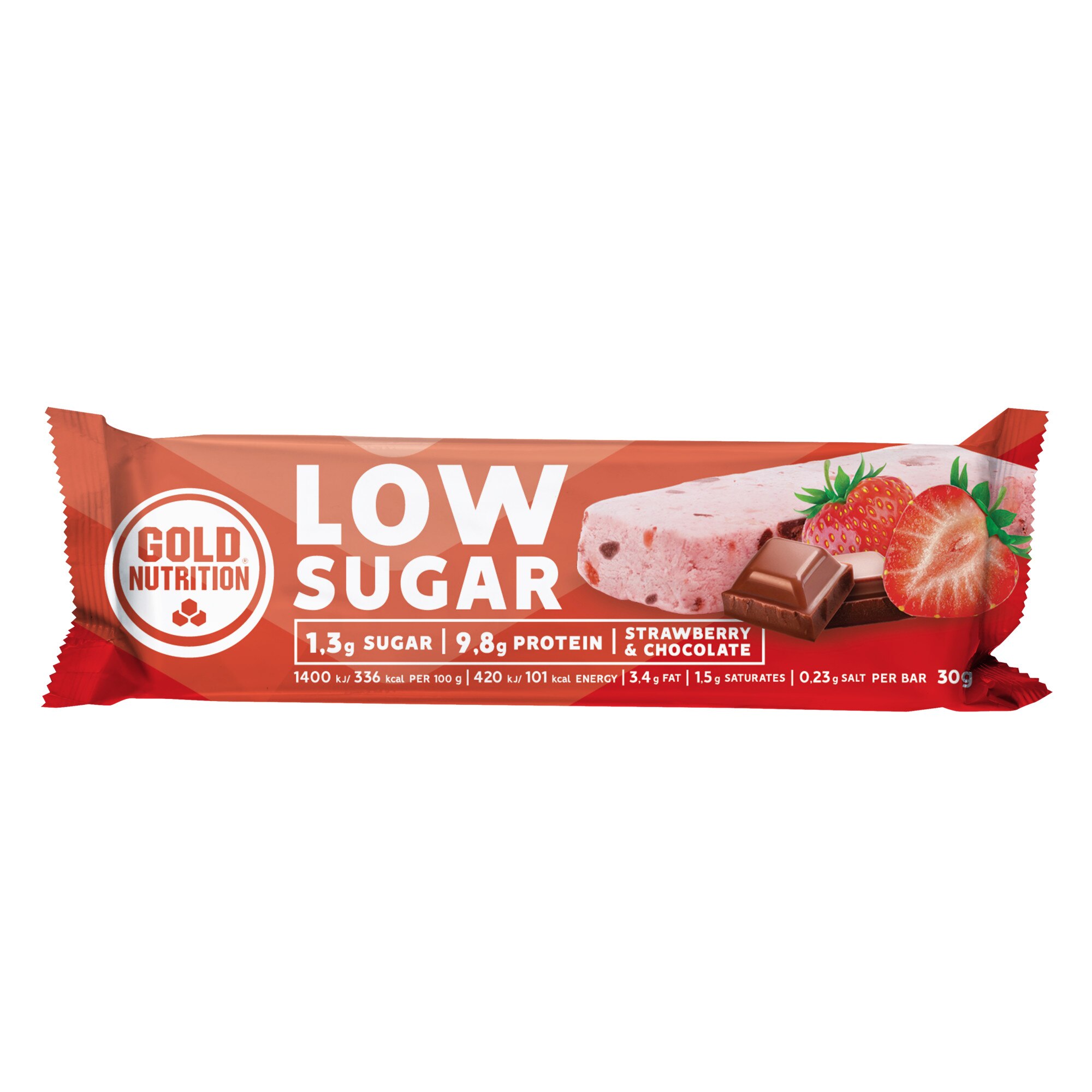 Baton proteic, GoldNutrition, Protein bar Low Sugar Capsuni si Ciocolata, 30 g