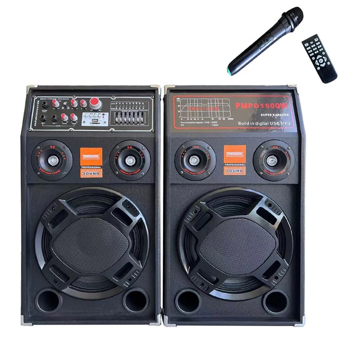Set 2 Boxe Profesionale Active Smart Bass 284, 600W, Functie Bluetooth, SD Card, USB, Jocuri de lumini, Amplificator si Egalizator si Microfon Wireless