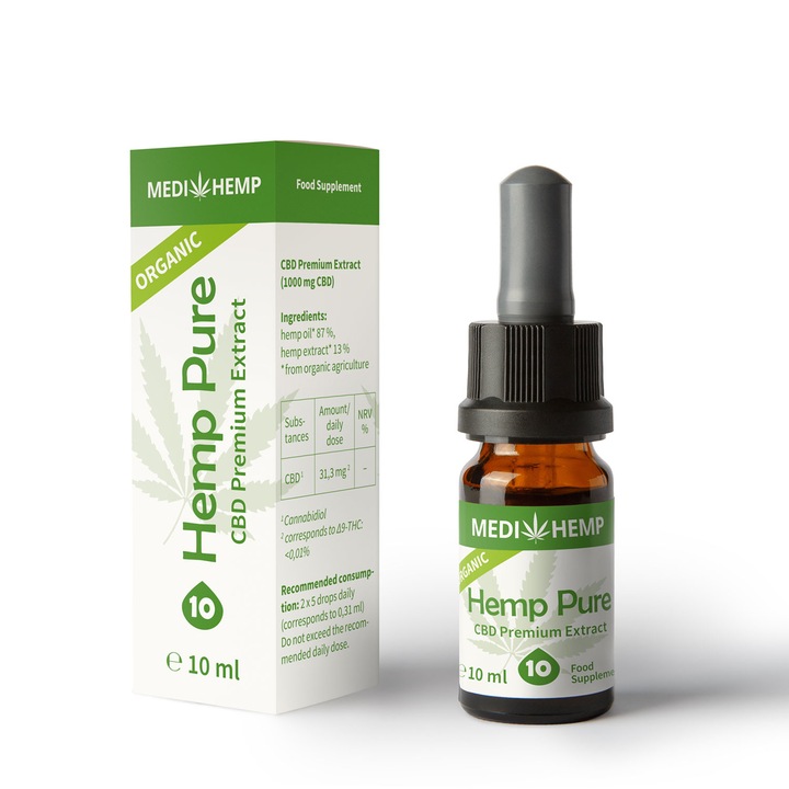 Масло от коноп, Medihemp, Пречистено, Pure 10% - 1000 mg CBD (КАНАБИДИОЛ), 10 ml