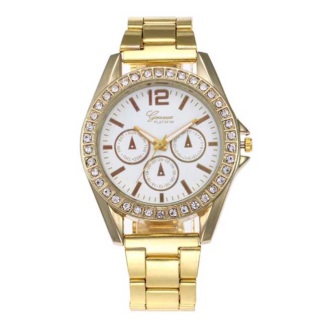 Ceas Geneva Dama Quartz Casual Elegant Gold-alb, PN999541GAB, curea din metal (zale), afisaj Analog