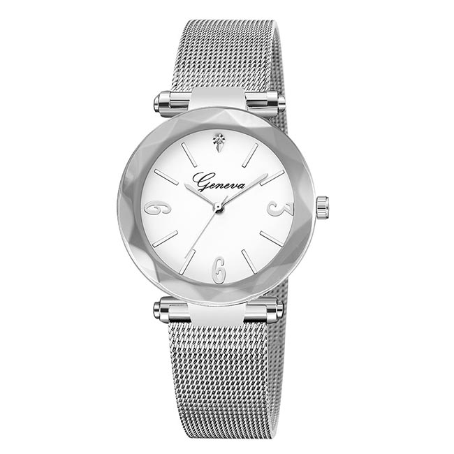 Ceas Geneva Dama Quartz Casual Elegant Silver-alb, PN999514SAB, curea din metal (mesh), afisaj Analog