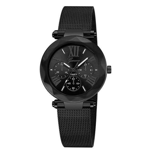 Ceas Geneva Dama Quartz Casual Elegant Negru, PN999512NU, curea din metal (mesh), afisaj Analog