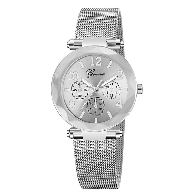 Ceas Geneva Dama Quartz Casual Elegant Argintiu, PN999510SR, curea din metal (mesh), afisaj Analog