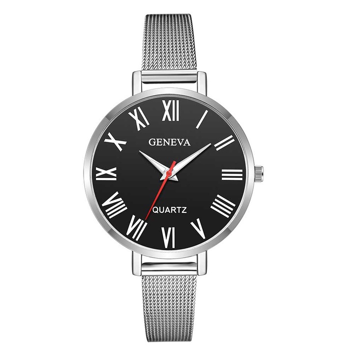 Ceas Geneva Dama Quartz Casual Elegant Silver-negru, PN999397SNU, curea din metal (mesh), afisaj Analog