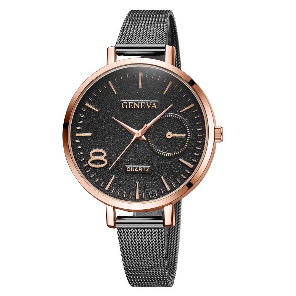 Ceas Geneva Dama Quartz Casual Elegant Negru-rose, PN999392NRE, curea din metal (mesh), afisaj Analog