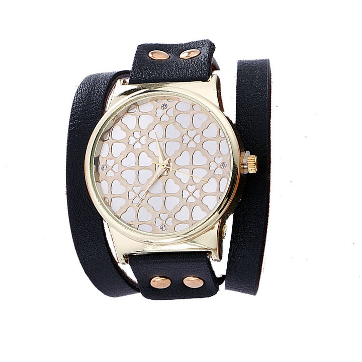 Ceas Geneva Dama Quartz Casual Elegant Negru, PN999267NU, curea din piele, afisaj Analog