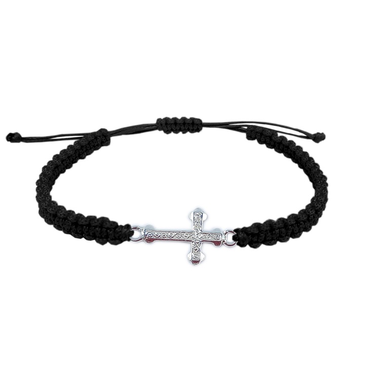 Bratara din snur impletita manual cu cruciulita din argint reglabila 4183115 Dras, Negru, 27 CM