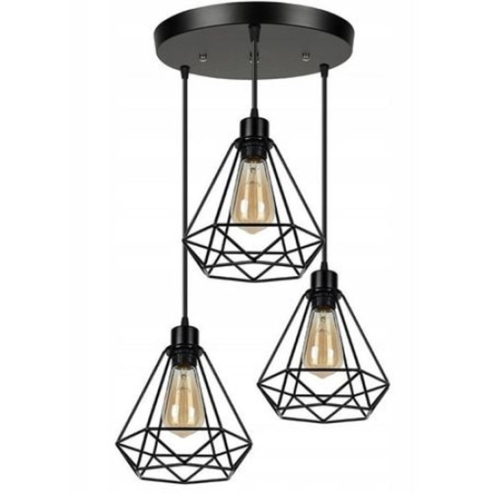 Lustra Vintage WTX, cu 3 Pendule, Suport Rotund, Led, negru mat