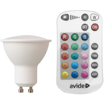 Bec Avide LED, GU10, 4.5W, RGB+W, 2700K, cu telecomanda IR Bec Avide LED, GU10, 4.5W, RGB+W, 2700K, cu telecomanda IR