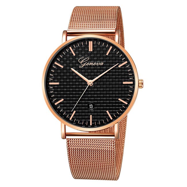 Ceas Geneva Unisex Quartz Casual Elegant Rosegold-negru, PN999517RNU, curea din metal (mesh), afisaj Analog