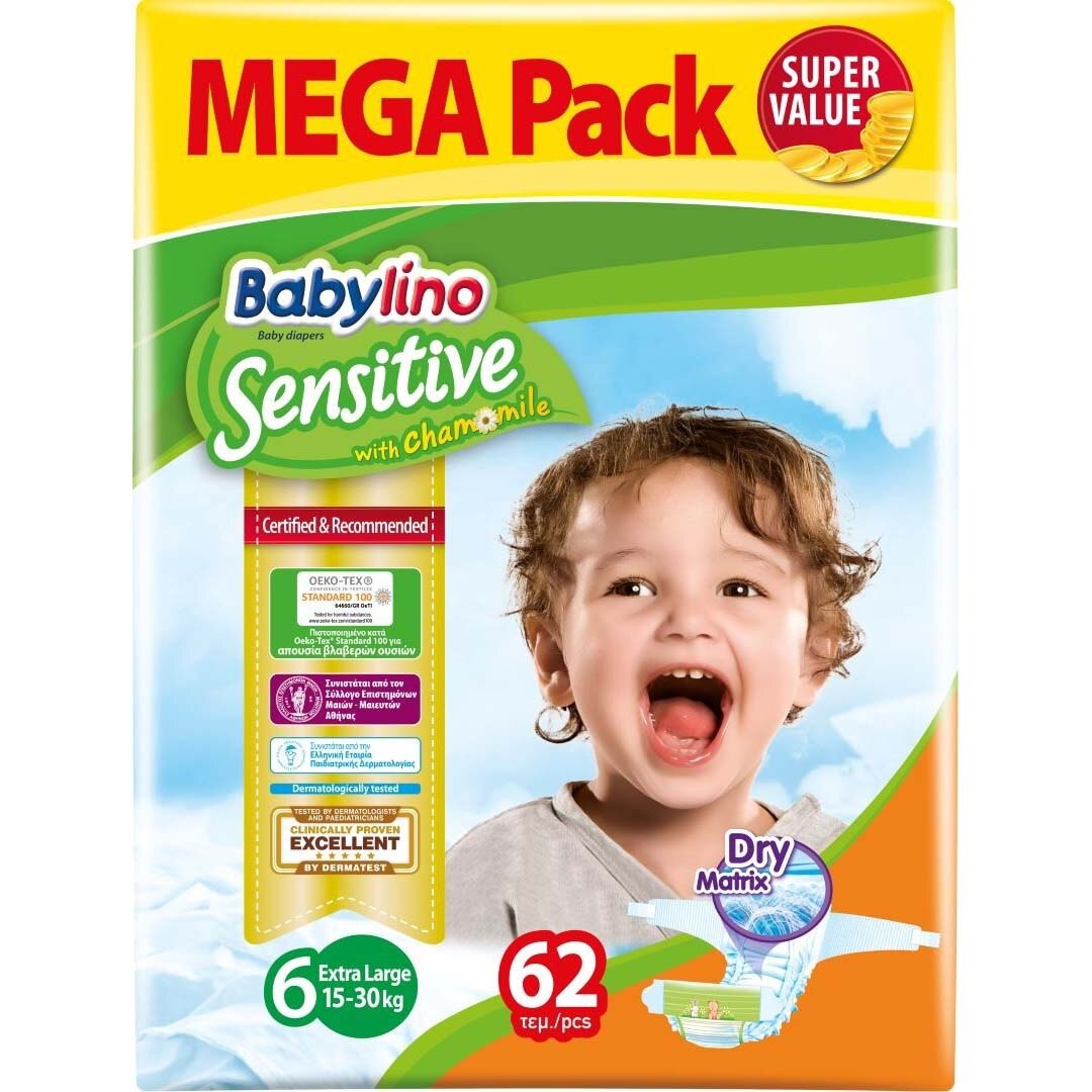 Scutece Babylino Sensitive Megapack Ex Large 6, 15-30 kg, 62 buc