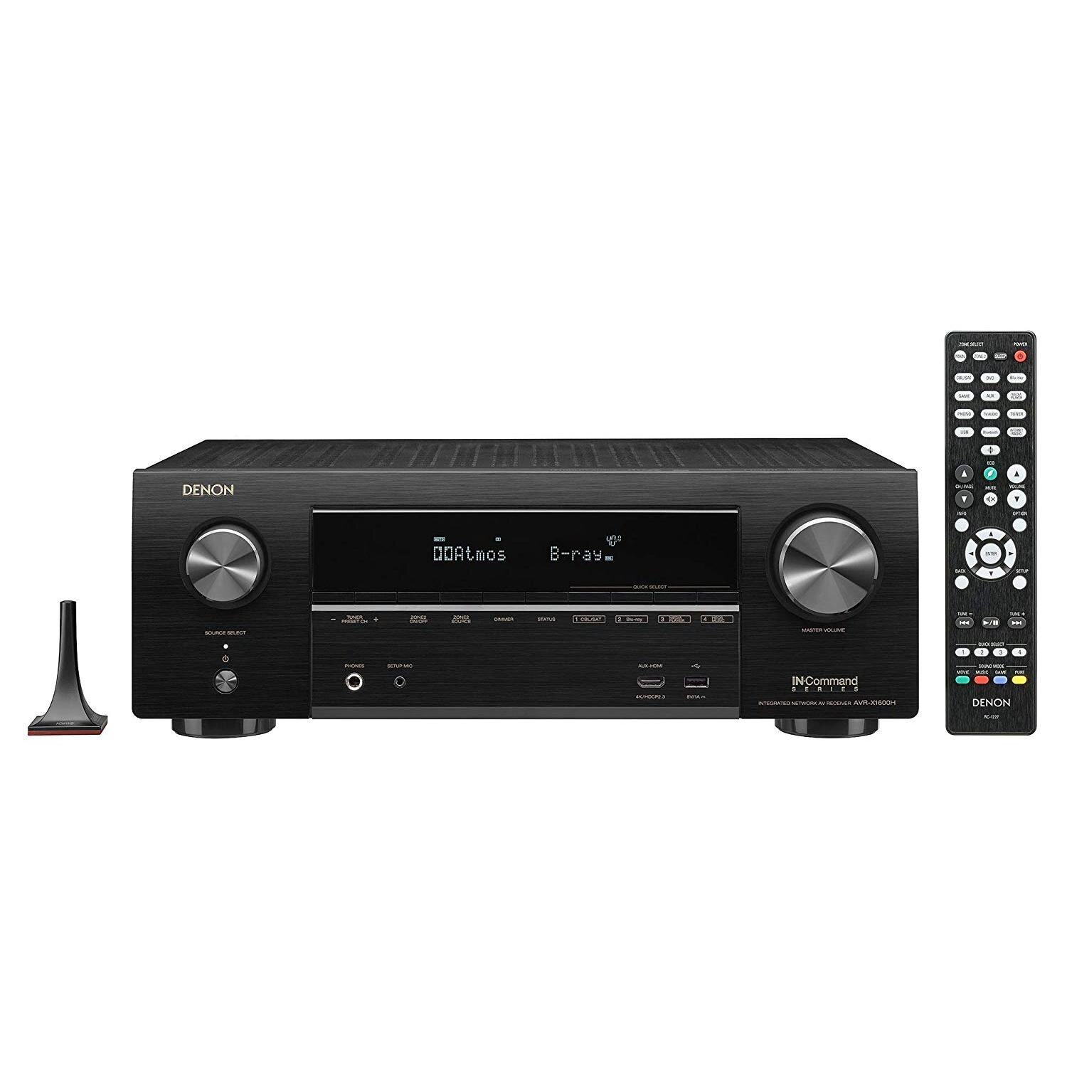 Receiver Denon AVR-X1600H cu HEOS integrat (compatibil Dolby Vision, Dolby Atmos, dtsX, WLAN, Bluetooth, 4K/60Hz, 7 x 175 W), Negru