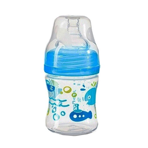 Biberon anti-colici cu gat larg, + 0 luni, 120ml, albastru cu pestisori