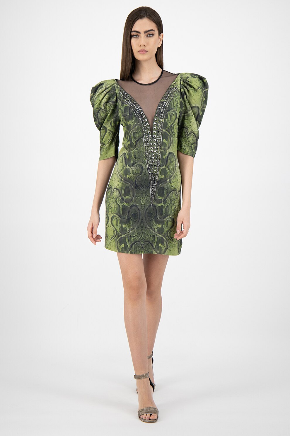 John Richmond, Rochie mini cu maneci bufante si insertii de plasa Froth, Verde/Gri