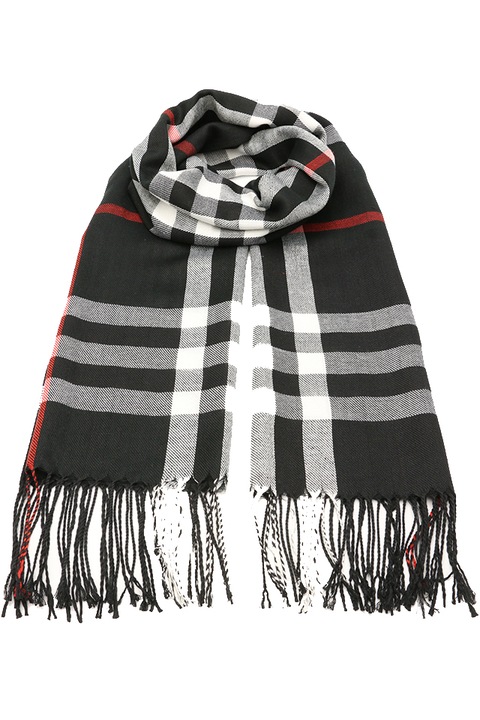 Esarfa pentru femei, sezon rece, in carouri, cu franjuri, B036BK Negru