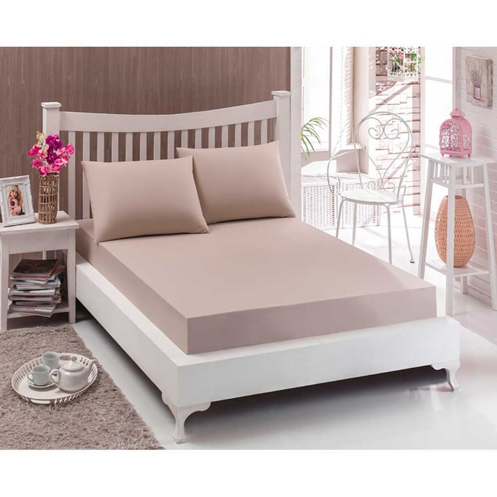 Cearceaf Pat 1 Persoana Cu Elastic, Acasa, 100% Bumbac, 90x200 Cm, Bej