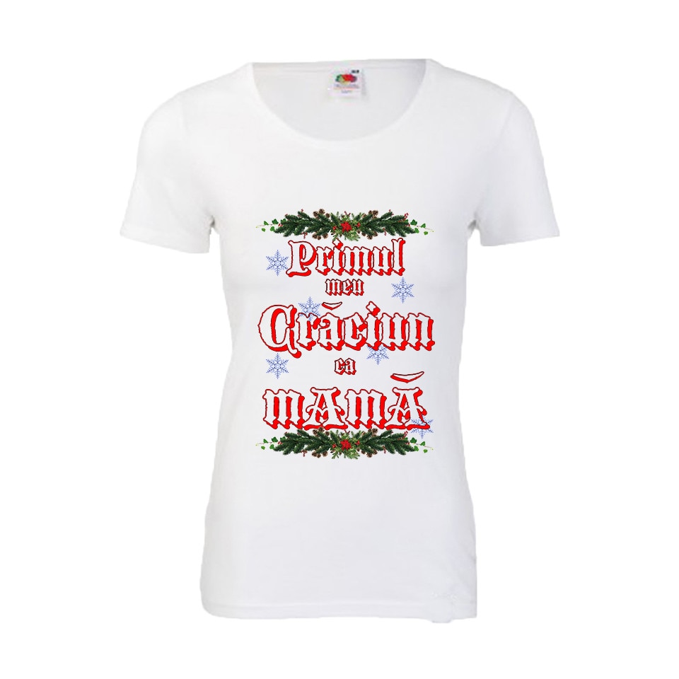 Tricou dama personalizat Fruit of the loom, alb, imprimeu Primul meu Craciun ca mama, 2XL