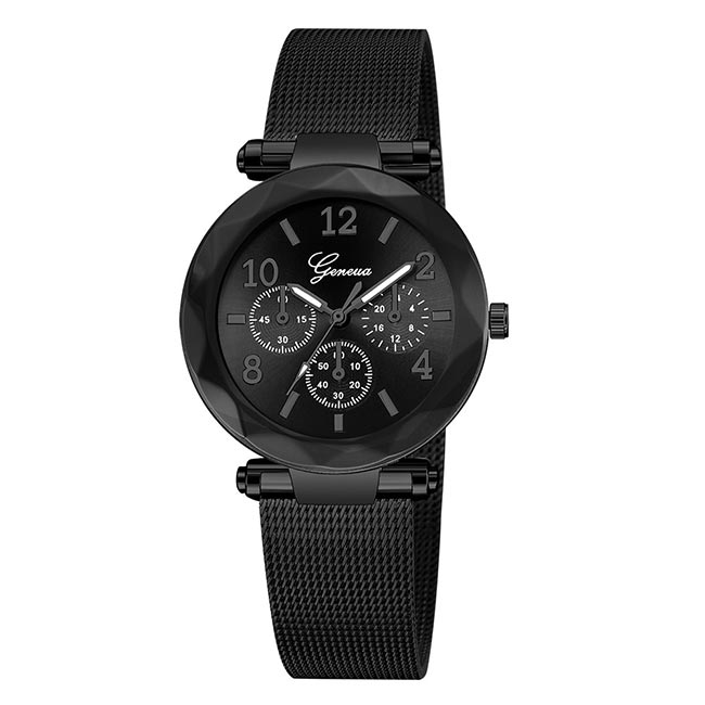 Ceas Geneva Dama Quartz Casual Elegant Negru, PN999510NU, curea din metal (mesh), afisaj Analog
