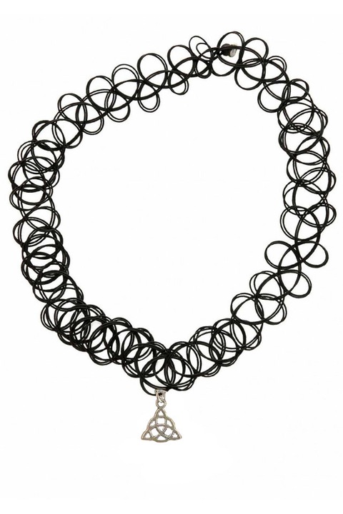 Colier Tattoo choker negru cu triquetra si elastic la baza gatului, Negru, 40cm
