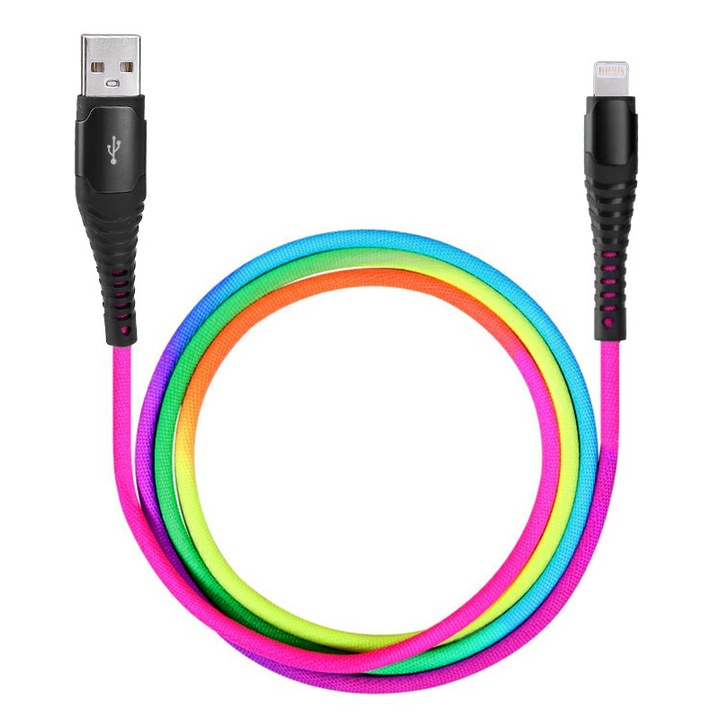 Apple-USB-kompatibilis töltő/adatátviteli kábel, 1M hosszú, megerősített, Rainbow