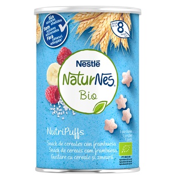Snack din cereale BIO NaturNes NutriPuffs cu zmeura 35g, de la 8 luni Snack din cereale BIO NaturNes NutriPuffs cu zmeura 35g, de la 8 luni