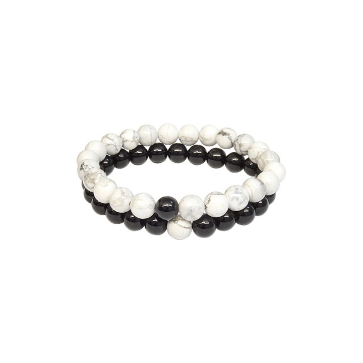 Set 2 bratari 'Ea si El' - sfere 8mm - Onix Negru si Howlit Alb, unisex, e-crystals