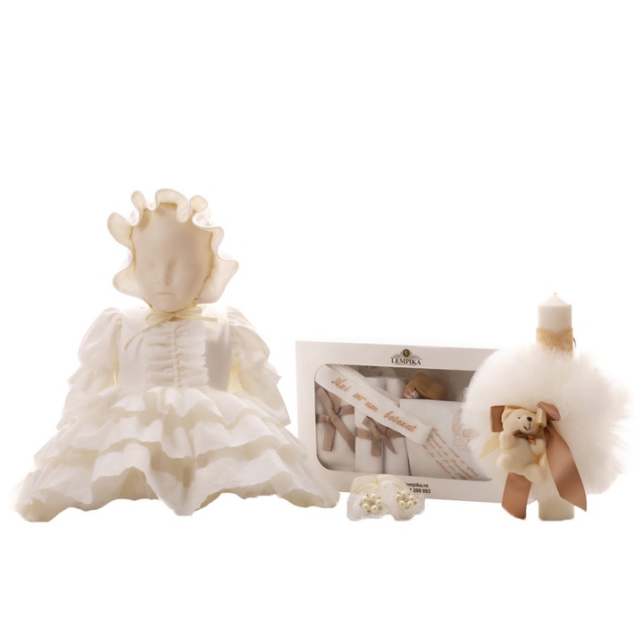 Set Botez Lempika Bebe Baroque, 5 piese, Rochita, Boneta, Botosi, Lumanare Botez, Trusou Botez Biserica, 3-6luni