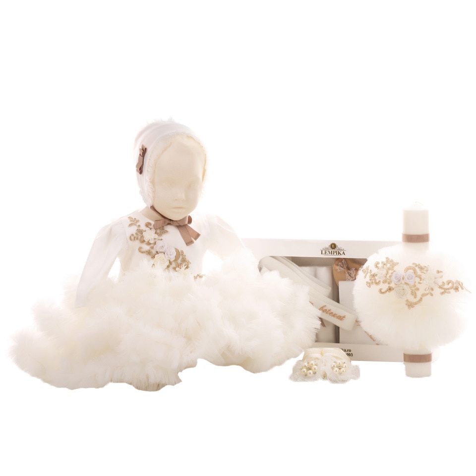 Set Botez Lempika Bebe Principessa, 5 piese, Rochita, Boneta, Botosi, Lumanare Botez, Trusou Botez Biserica, 3-6luni