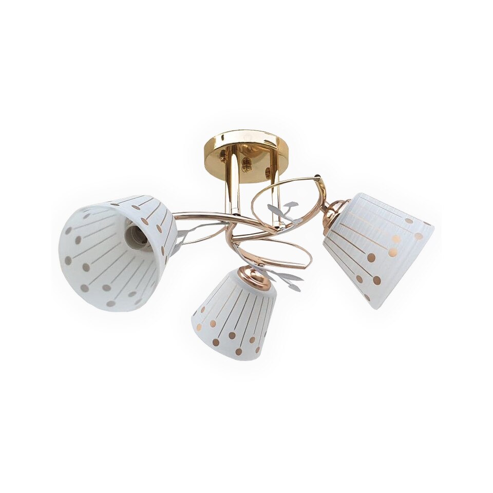 Lustra aurie cu alb ,3xe27 , schelet auriu , abajur sticla , max 60w