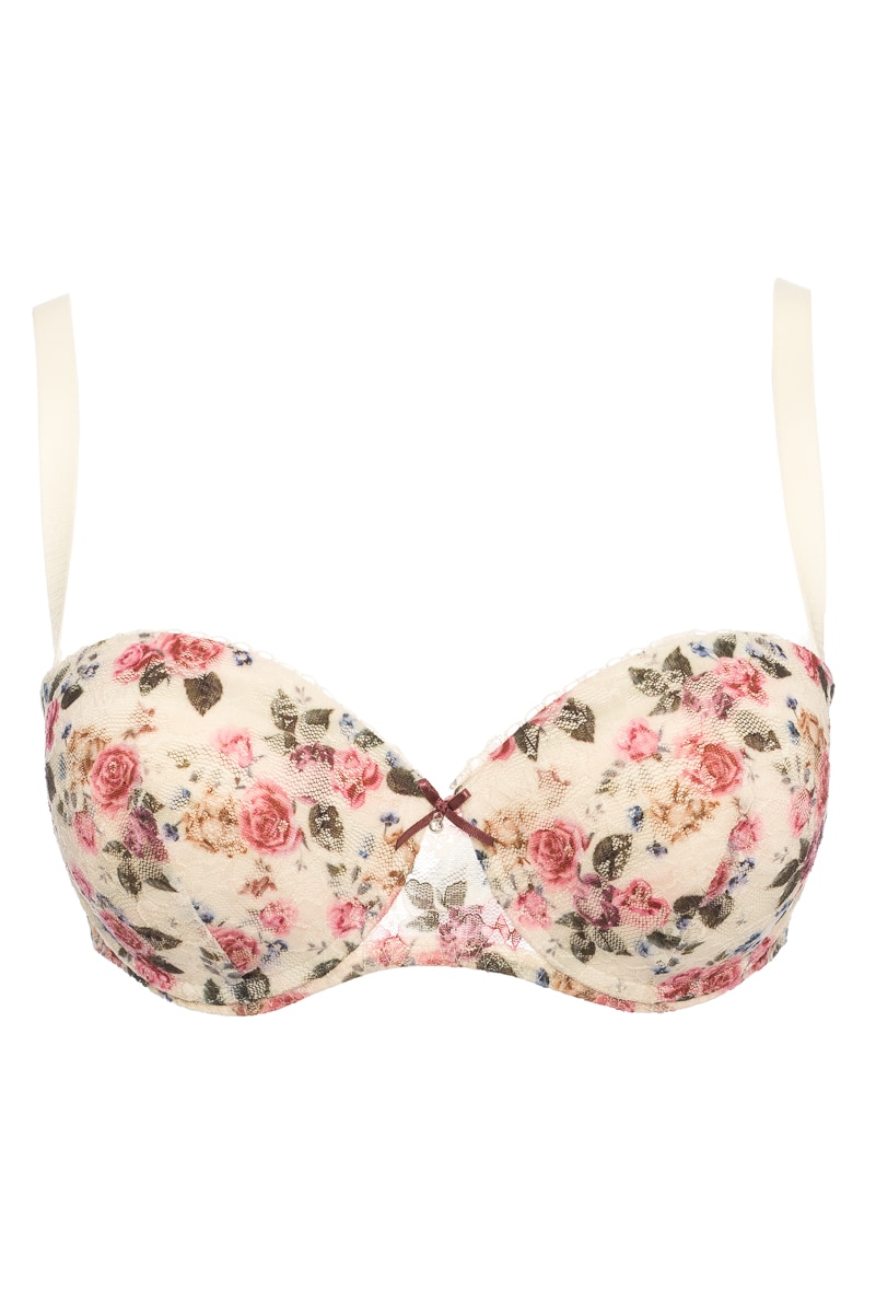 Sutien balconette, din dantela si tull, model floral pictat, Intimamoda 6358, Avorio