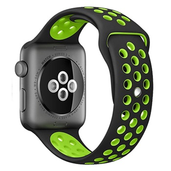 Curea iUni compatibila cu Apple Watch 1/2/3/4/5/6, 44mm, Silicon Sport, Black/Green Curea iUni compatibila cu Apple Watch 1/2/3/4/5/6, 44mm, Silicon Sport, Black/Green