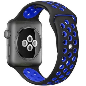 Curea iUni compatibila cu Apple Watch 1/2/3/4/5/6, 40mm, Silicon Sport, Negru/Albastru Curea iUni compatibila cu Apple Watch 1/2/3/4/5/6, 40mm, Silicon Sport, Negru/Albastru