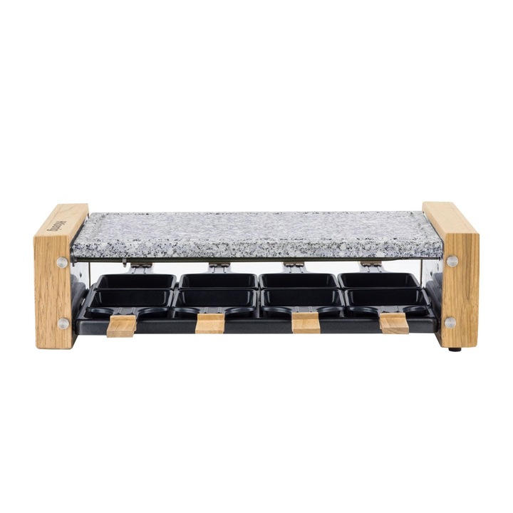 H.Koenig WOD8 Elektromos gránit grill, 8 személyes, főzőfelület 38 x 19,5 cm, tapadásmentes raclette natúr fa nyéllel, gránitlap, könnyen tisztítható, fekete