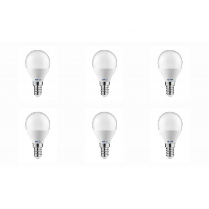 Комплект от 6 led крушки E14, сферични 8W(54W), естествена бяла светлина, 4000K, 700 lm, GTV
