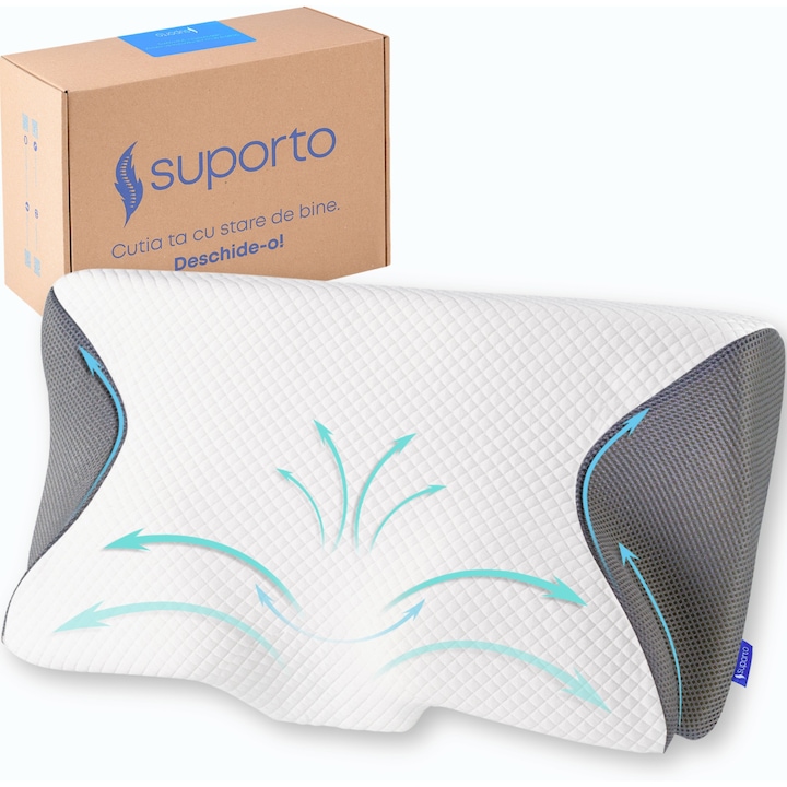 Memóriahabos alvó párna oldalsó domborzatokkal, nyakpárna alvászavar ellen, ortopéd ergonomikus memóriahab, antiallergén anatómiai Suporto nyaktámasztó alváshoz, 61x34x12 cm