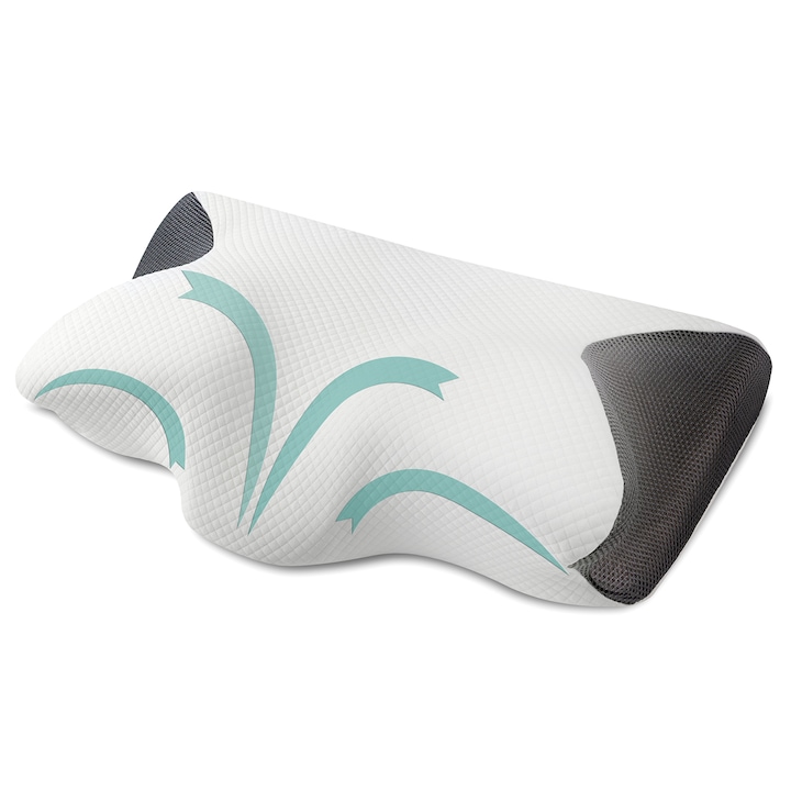 Perna ortopedica pentru dormit Suporto®️ din spuma cu memorie, cu suport cervical ergonomic pentru gat si beneficii medicinale