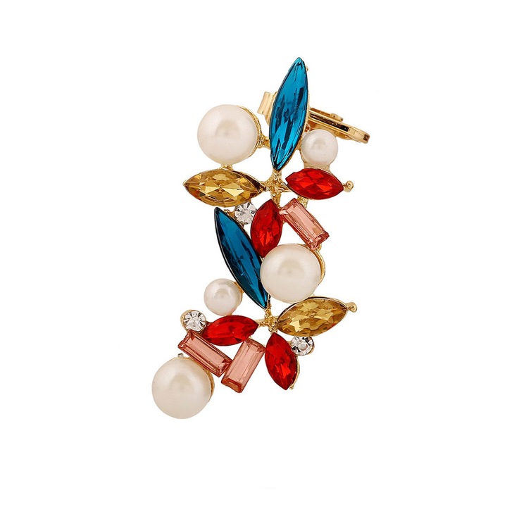 Cercel tip ear cuff, model cu cristale de diverse forme si culori si perle, Multicolor, Urechea stanga