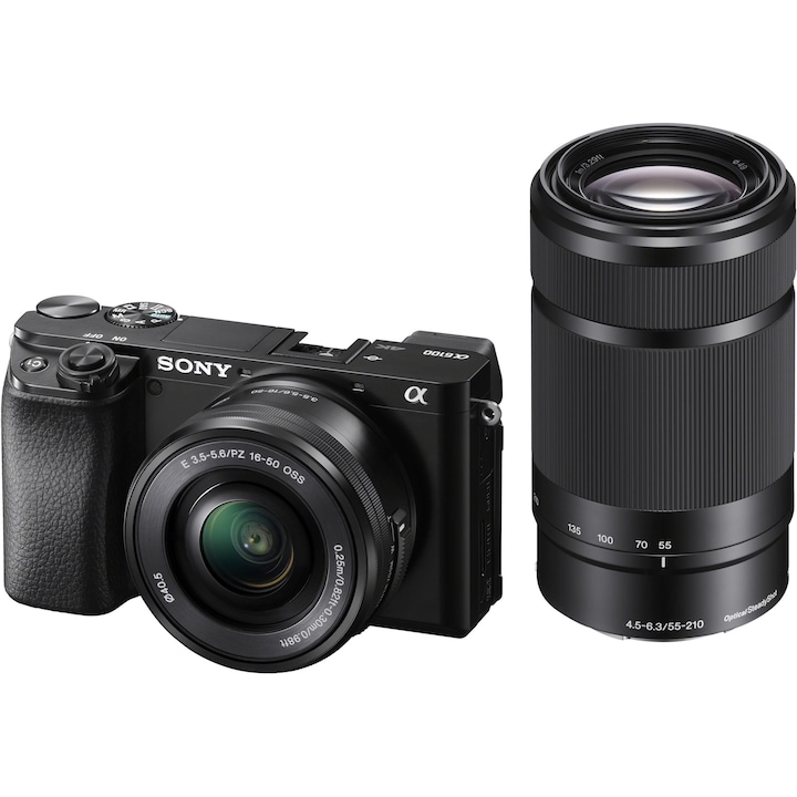Aparat foto Mirrorless Sony Alpha A6100, 24.2MP, Negru + Obiectiv 16-50mm + Obiectiv 55-210mm