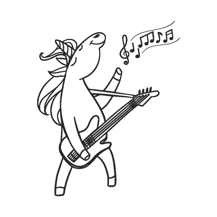 Sticker decorativ modern, Pentru camera copiilor, Benzi desenate, Animatie, Unicorn candtand la chitara, PVC autocolant, Negru, 100 x 80 cm