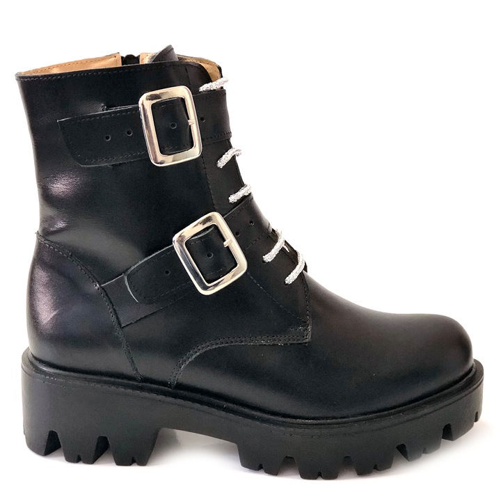 Ghete dama cu catarame si talpa groasa din piele naturala Mateo Shoes, Negru/Argintiu
