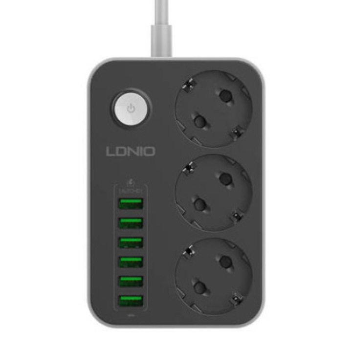 Удължител с 3 контакта за променлив ток, 6x USB, LDNIO SE3631, 1.6 м (черен)