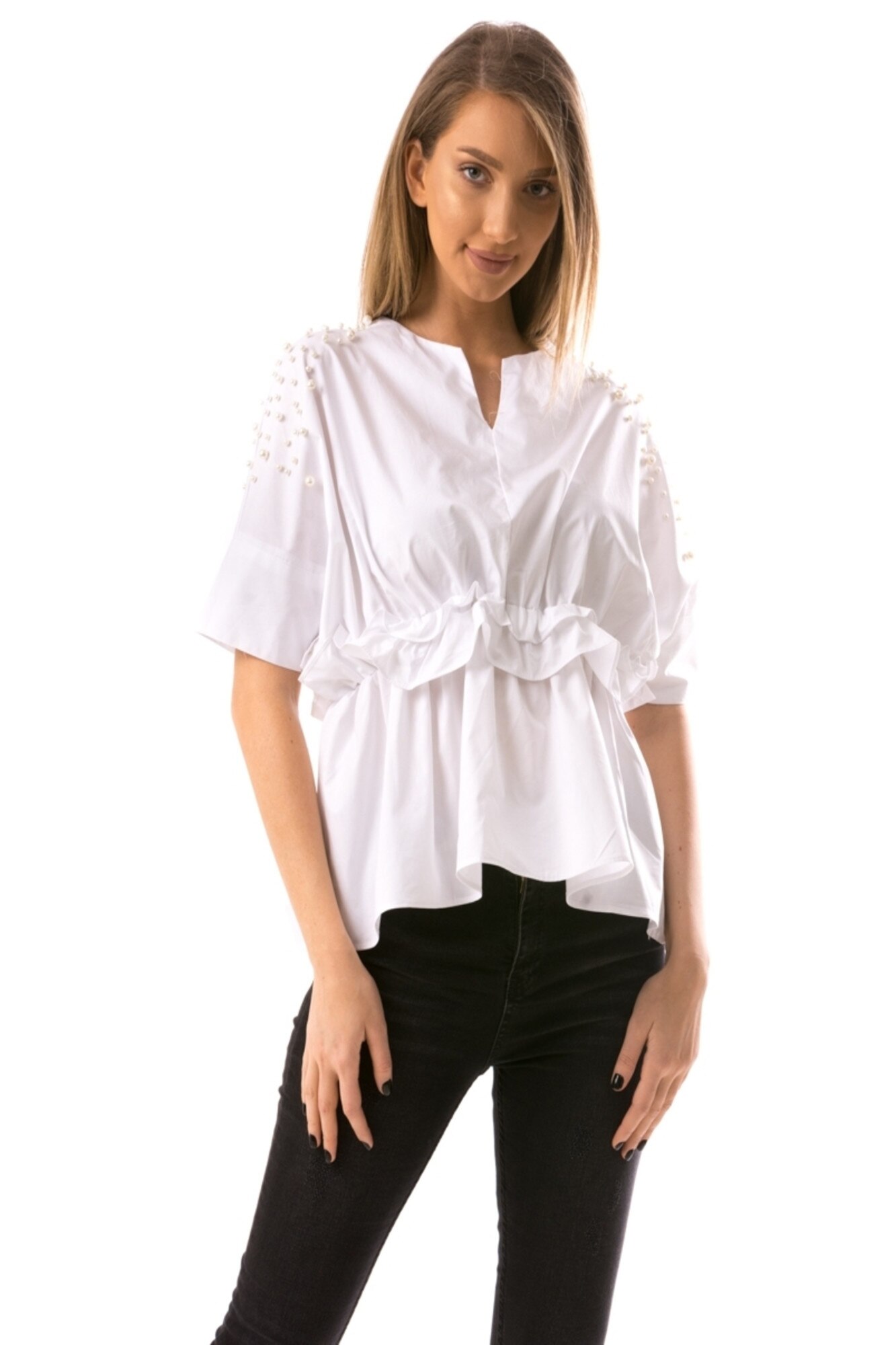 Bluza dama cu margele, Iudita Boutique , Alba, One size