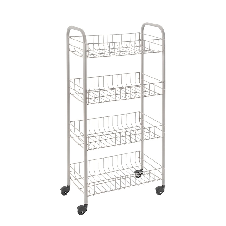 Etajera cu roti Metaltex, 4 rafturi, model Pisa, 41x23x84 cm, culoare alb murdar
