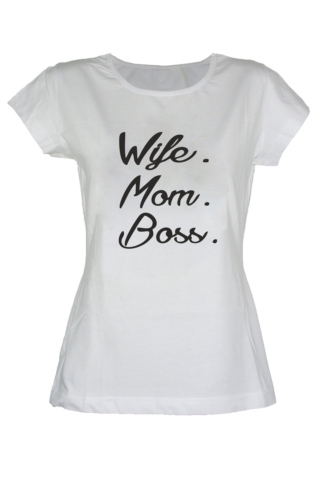 Tricou dama din bumbac cu imprimeu Wife Mom Boss TripleT clothing, Alb