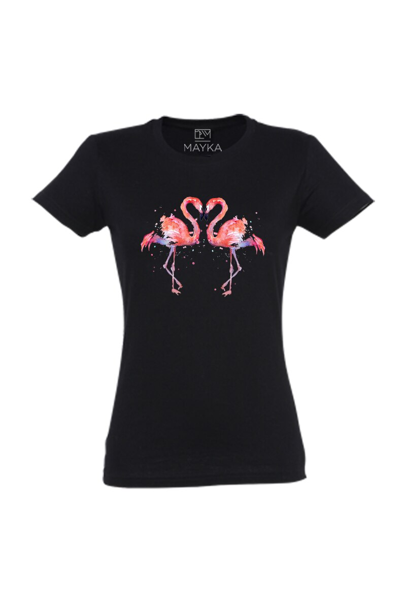 Tricou dama din bumbac 100%, MAYKA, model Flamingo, Negru