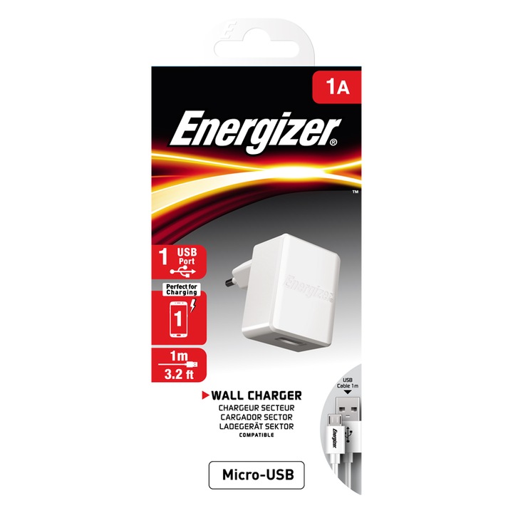 Мрежово зарядно устройство ENERGIZER с Micro USB кабел, 1xUSB, 1A, Бяло