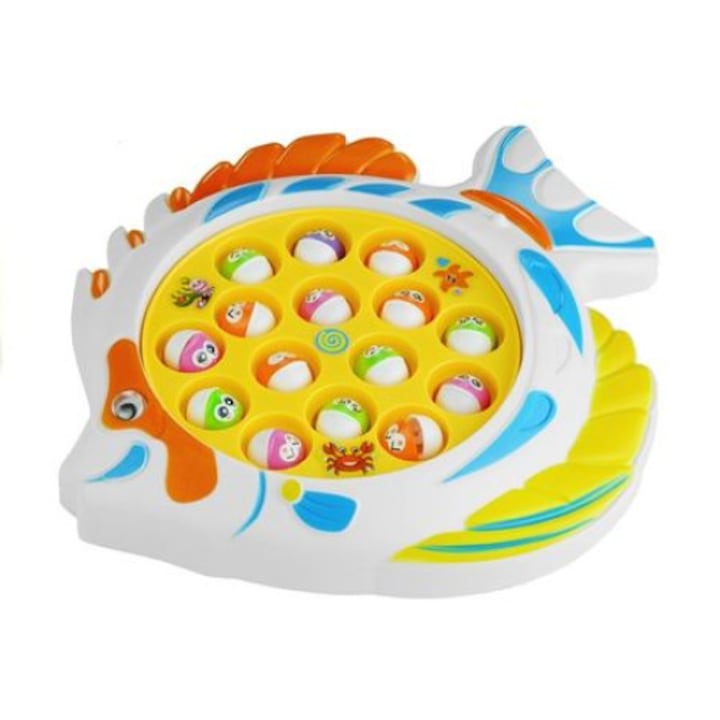 Joc de pescuit, Malplay, jucarie distractiva cu 4 undite si 15 pestisori, Galben