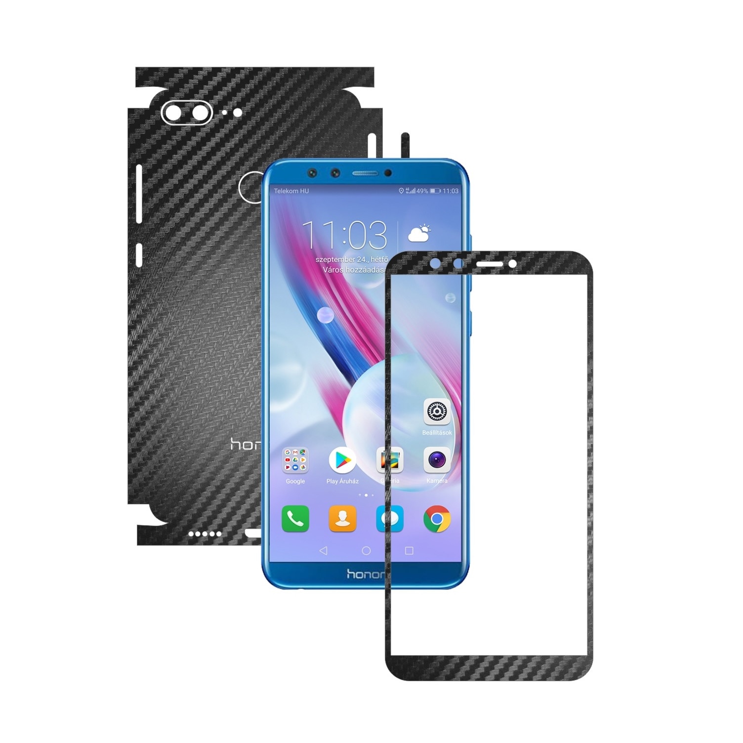 Folie Protectie Carbon Skinz pentru Huawei Honor 9 Lite - Carbon Negru 360 Cut, Skin Adeziv Full Body Cover pentru Rama Ecran, Carcasa Spate si Laterale