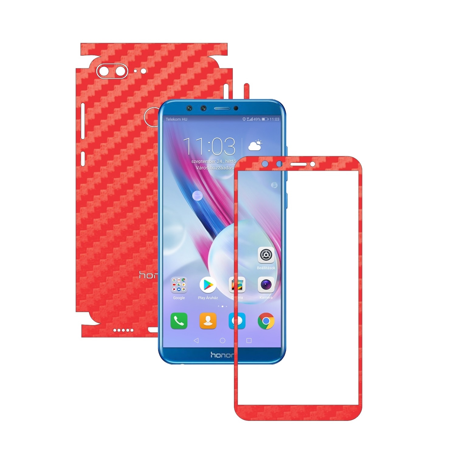Folie Protectie Carbon Skinz pentru Huawei Honor 9 Lite - Carbon Rosu 360 Cut, Skin Adeziv Full Body Cover pentru Rama Ecran, Carcasa Spate si Laterale